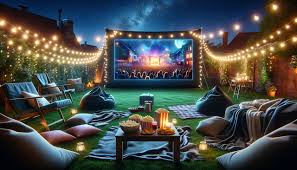 Backyard movie setup with pillows and blankets