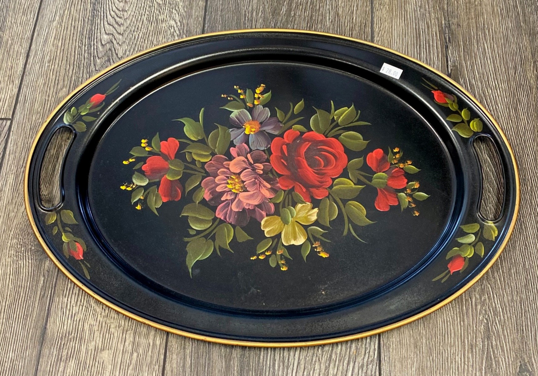 Black Toleware Tray with Hand Painted Floral Motif and gold trim