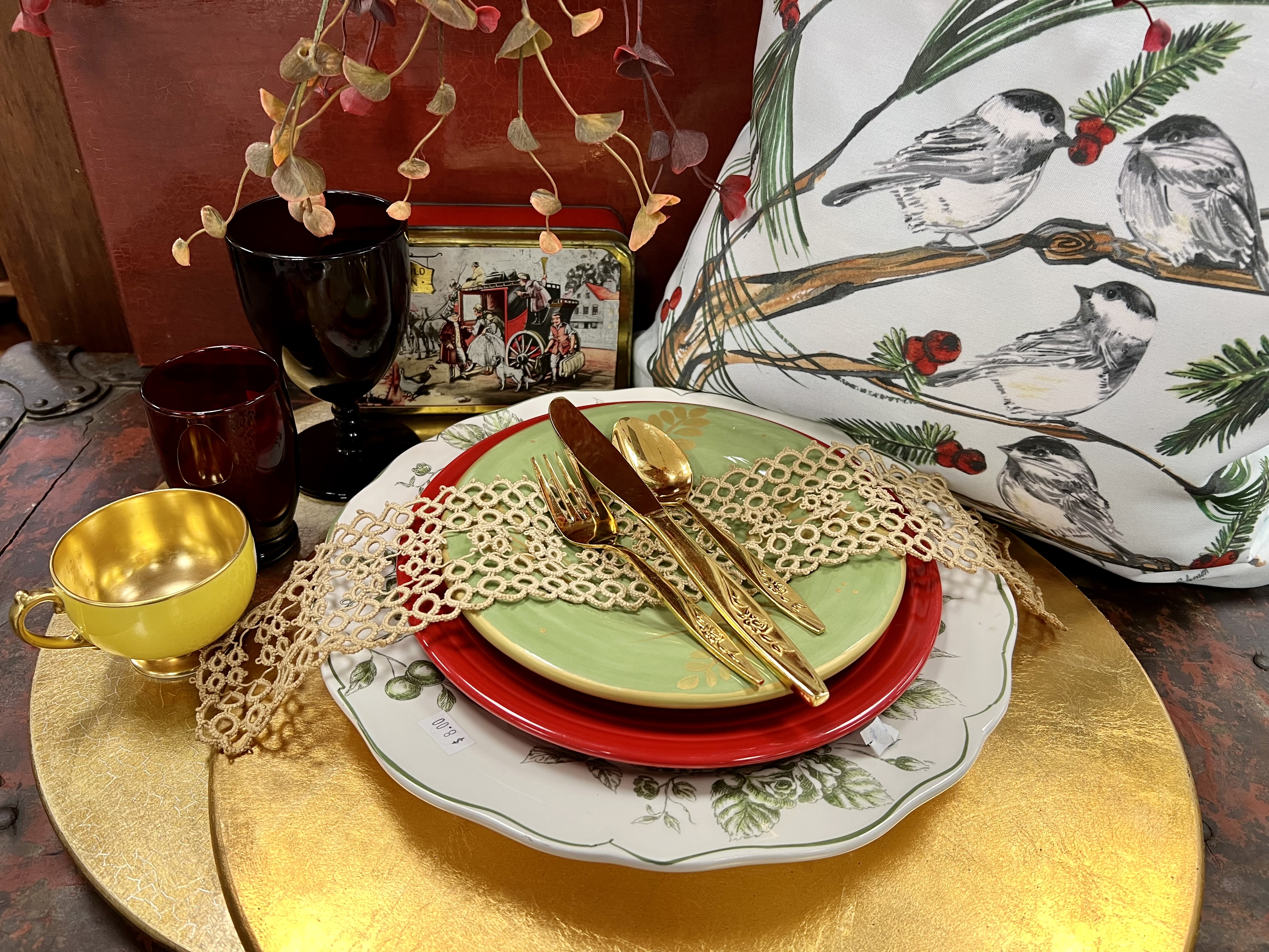 Holiday place setting with mix and match vintage tableware