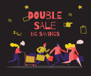 Double sale gif with figures carrying shopping bags and pushing a cart